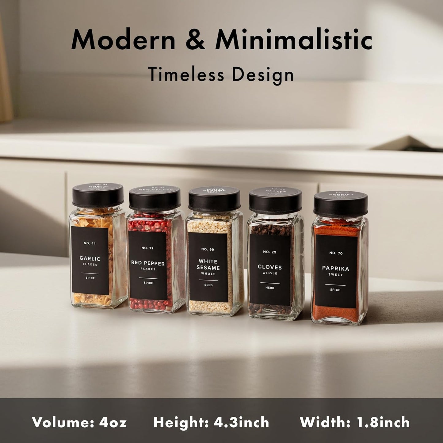 Glass Spice Jars with Label and Stainless Steel Lids (24 x 4oz) Spice Containers with 240 Labels, Shaker Inserts, Steel Funnel, Empty Square Empty Square Seasoning Organizer (Black)