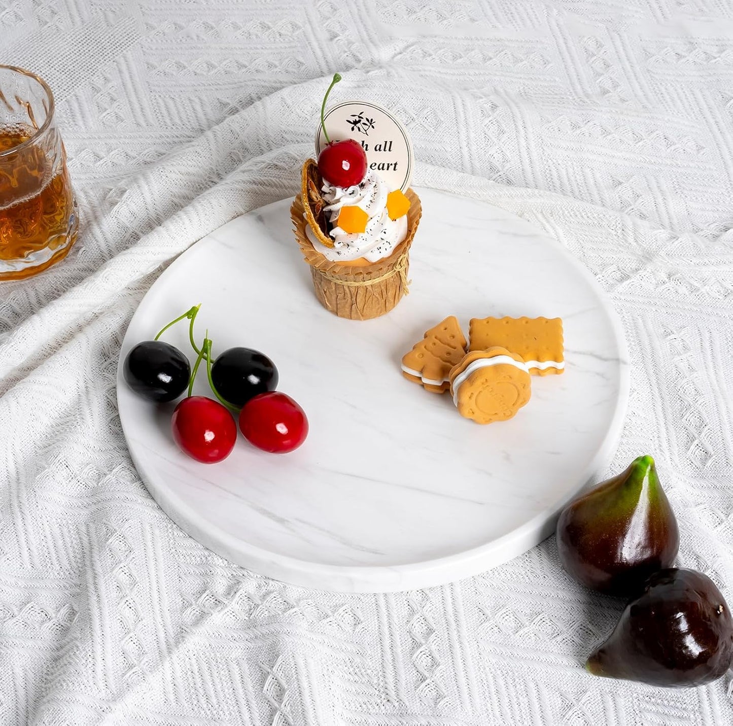 Natural Round Marble Tray - Luxury Decorative Serving Tray for Coffee Table, Bathroom Vanity, Dresser & Kitchen Countertop - Stone Organizer for Jewelry, Perfume, Candle, Home Decor(Volakas)