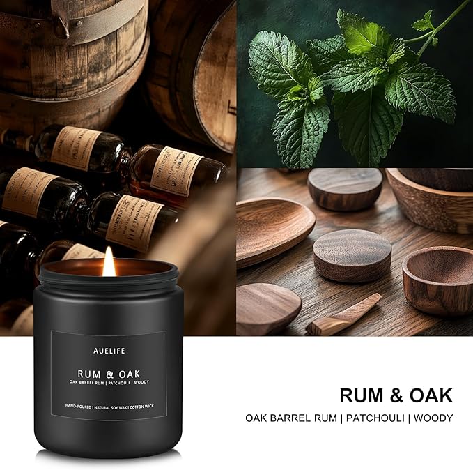 Rum & Oak Candle | Candles for Men, Gifts for Men - Masculine Scent - Soy Candles for Home Scented - Scented Candle for Home, Aromatherapy Candle for Bedroom - 7oz Black Jar