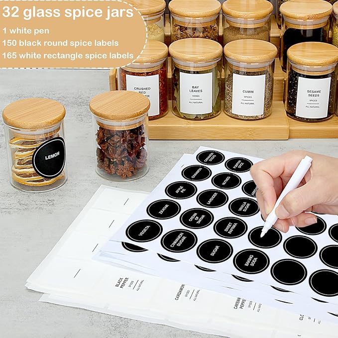 4OZ Glass Spice Jars with Bamboo Lids and 315 Labels, 10 Pcs Clear Food Storage Containers for Kitchen Sugar Salt Coffee Tea Beans