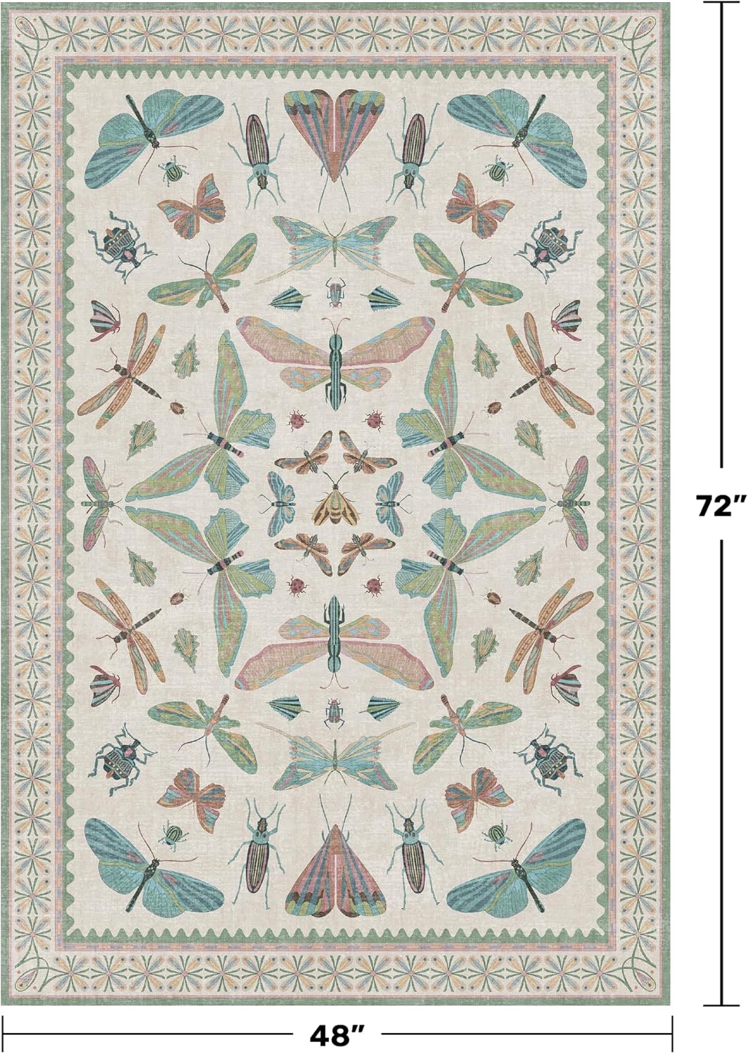 Light Blue and Pink Rug 4x6 Rugs for Bedroom Under Bed - Insect Print Multi Color Decor, Low Pile Non Slip Stain Resistant Throw Rug for Nursery Room Boys, Kitchen, Floor Carpet Aesthetic