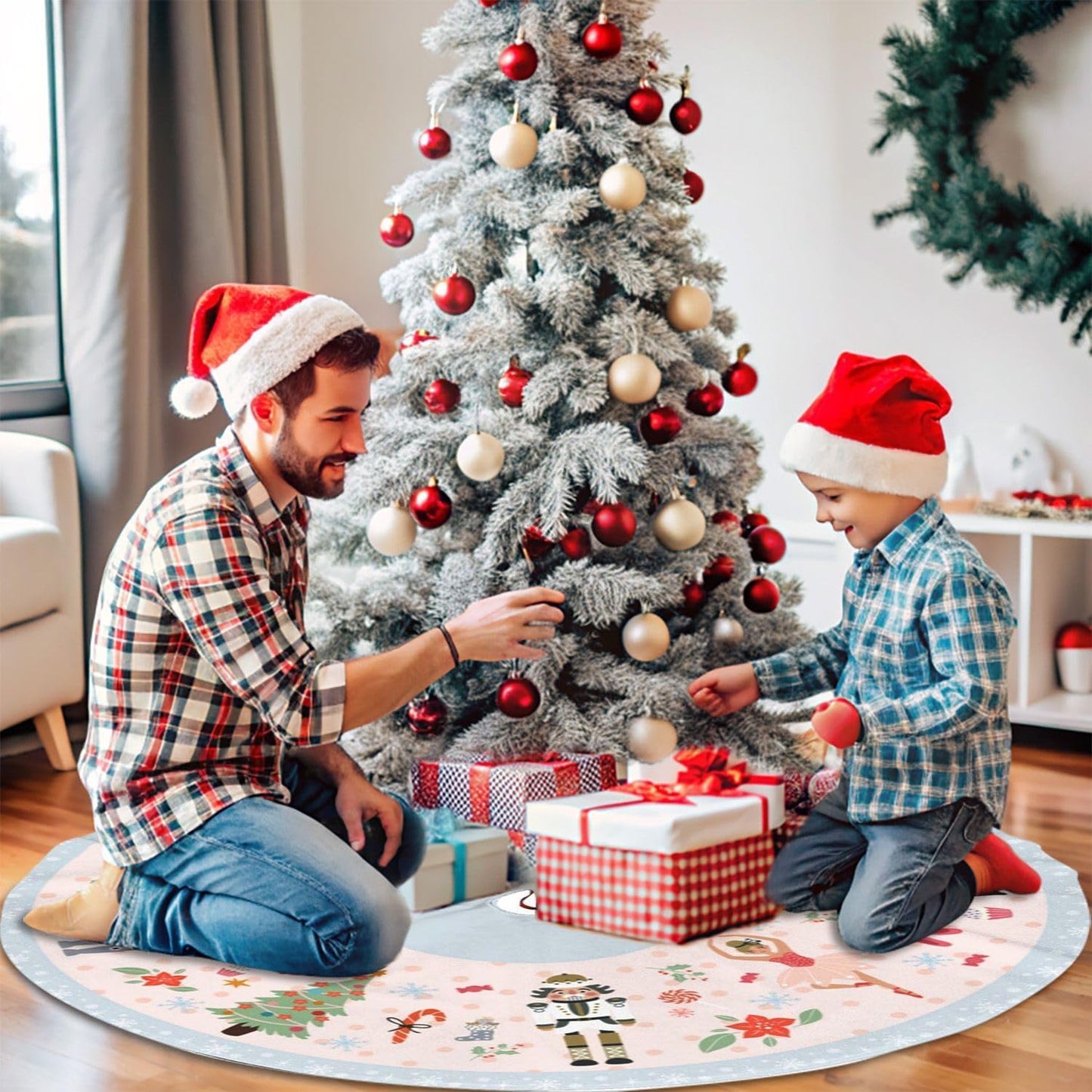 36" Cute Nutcracker Christmas Tree Skirt, Pink Sweet Candy Snowflakes Tree Mat Base Cover for Xmas Festive Holiday Party Decoration Ornaments