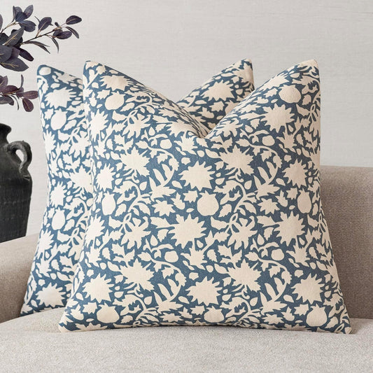 Foindtower Set of 2 Decorative Neutral Floral Throw Pillow Covers Accent Farmhouse Cushion Covers Boho Vintage Pillowcase for Couch Sofa Bedroom Living Room Home Decor Outdoor,22×22 Inch,Dusty Blue