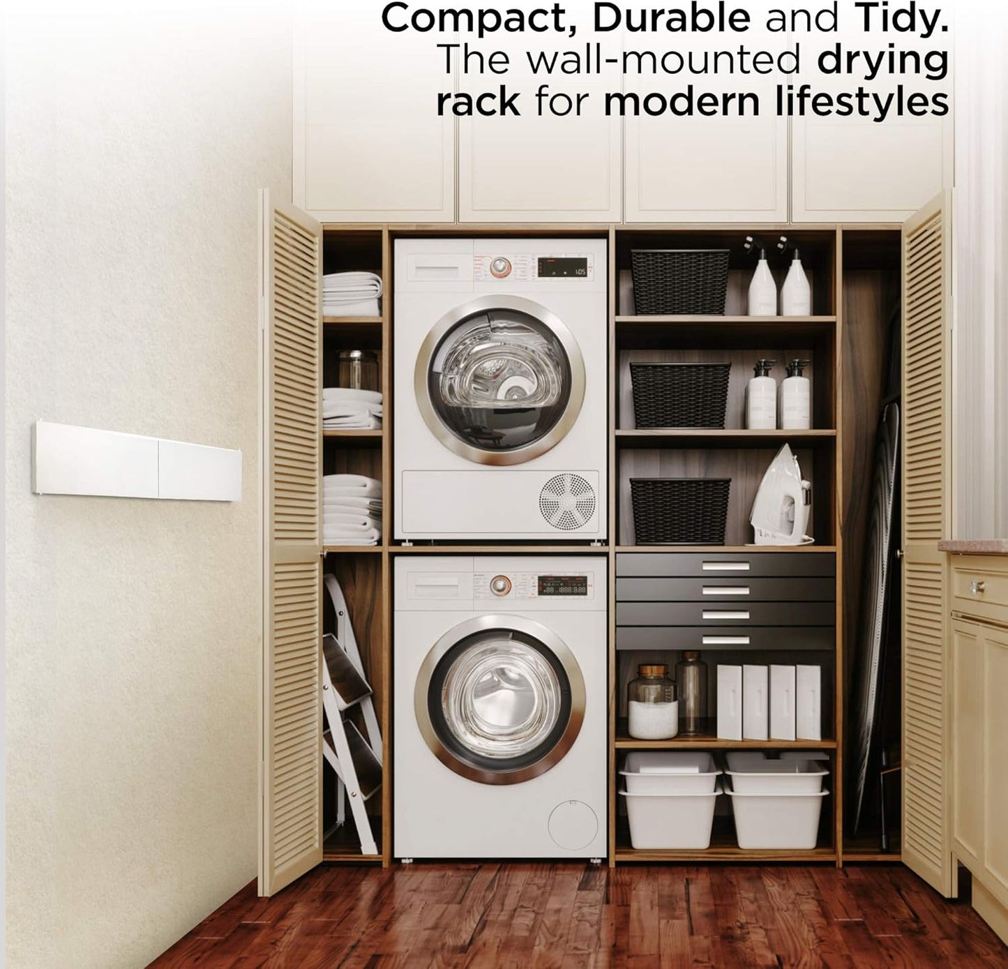 Step Up Laundry Drying Rack (Extra Large: 47 Inches, 12 Lbs), Wall Mounted, Retractable Clothes Drying Rack, 70lbs Capacity, 27 Linear Ft, with Wall Template and Long Drill Bit (47" White)