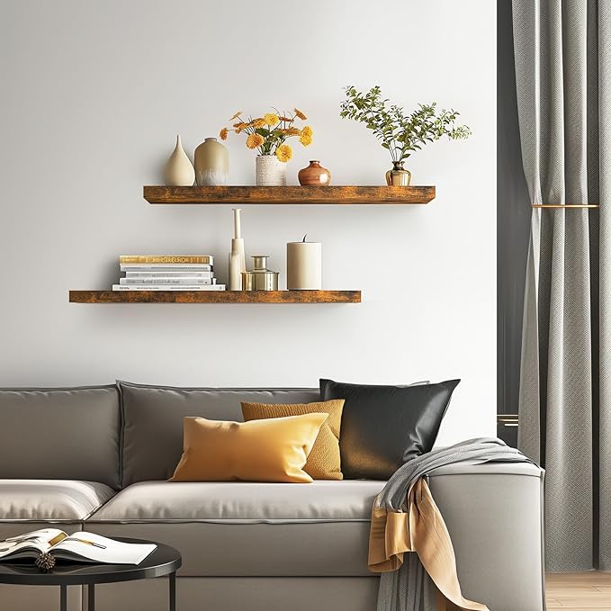 BAYKA Floating Shelves, 36" Wall Mounted Rustic Wood Shelves for Bathroom, Bedroom, Living Room, Kitchen, Office, Hanging Shelf for Books/Storage/Decor(Rustic Brown,Set of 2)