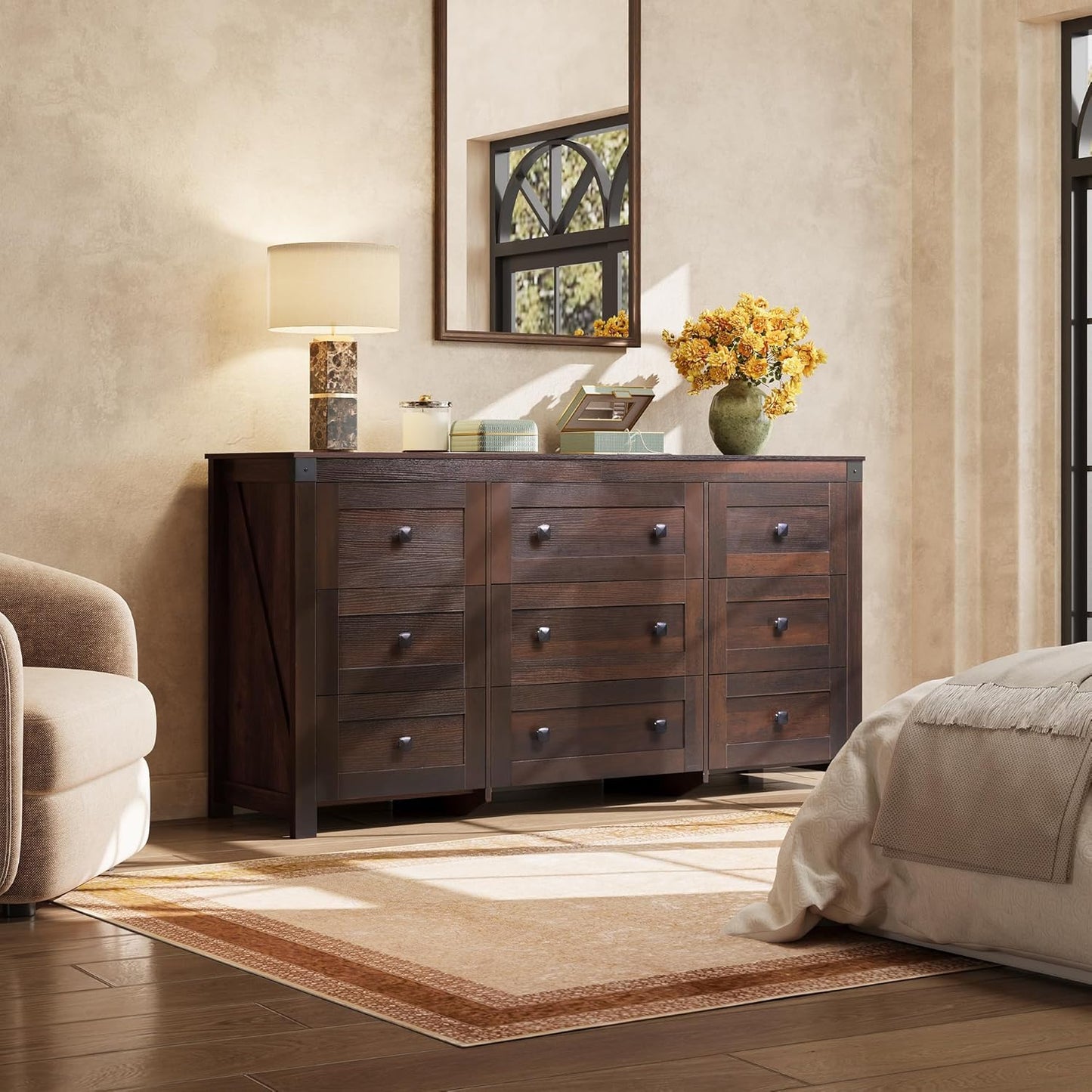 WLIVE Farmhouse Dresser for Bedroom, 63" Wide 9 Drawer Dresser Storage Organizer, Wood Chest of Drawers for Bedroom, TV Stand for 70 inch TV for Living Room, Hallway, Ball Bearing Slide (Brown)