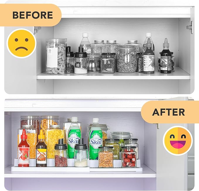 3 Tier Expandable Spice Rack Organizer, White/Grey Plastic Spice Rack, Adjustable Length 14.6In-25.8In, 2 Pack Non-Skid Tiered Spice Shelf Organizer for Kitchen Cabinet, Cupboard, Pantry