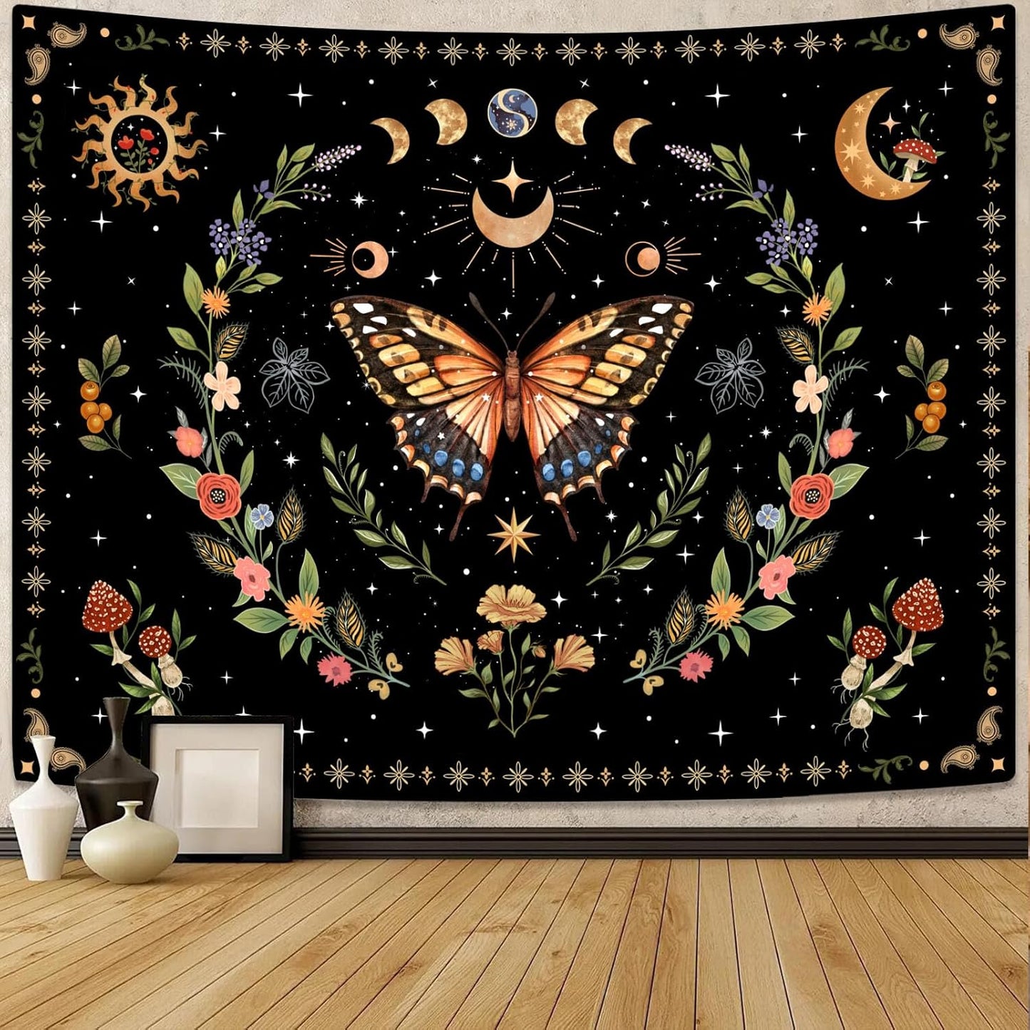 Lunerfex Boho Butterfly Tapestry Flower Moon Wall Tapestry, Moon Phases Tapestries for Bedroom Cute Tapestries Wall Hanging for Bedroom Living Room Decor Butterfly-1 70"x90"
