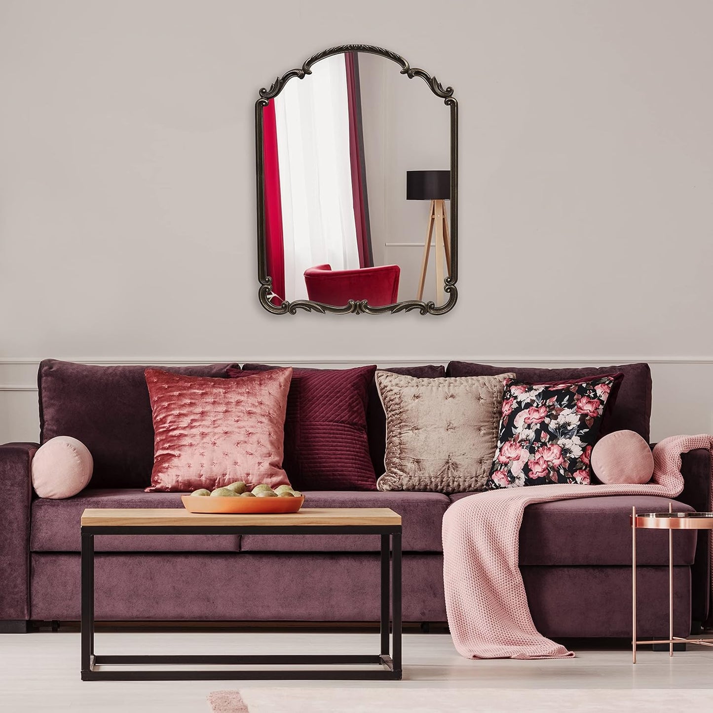 English Estate Carved Arch Wood Wall Mirror, Mirror for Entryway, Living Room, Bathroom, Antique Black, 22x30