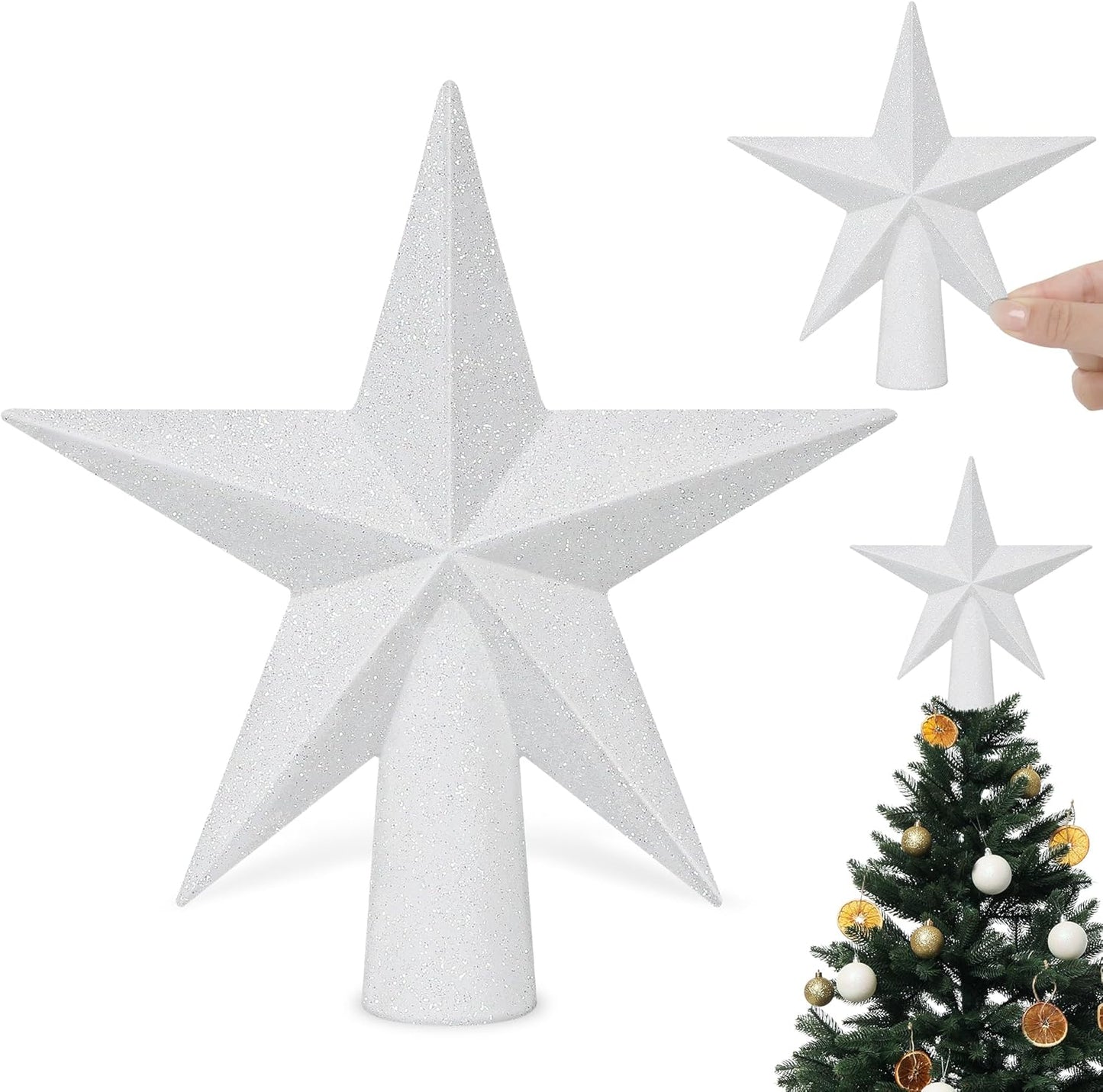 Christmas Tree Topper, 1PCS 6" White Glitter Star Tree Topper, 3D Xmas Shatter-Proof Mini Bethlehem Star Tree Topper Decorations, Waterproof Christmas Decor for Holiday Home Outdoor Ornament