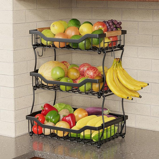 Giwil 3 Tier Countertop Fruit Basket for Kitchen, Vegetable Storage Bread Fruit Bowl Stand with 2 Banana Hooks, Wall Mounted Metal Wire Basket Organizer for Potato Onion, Black