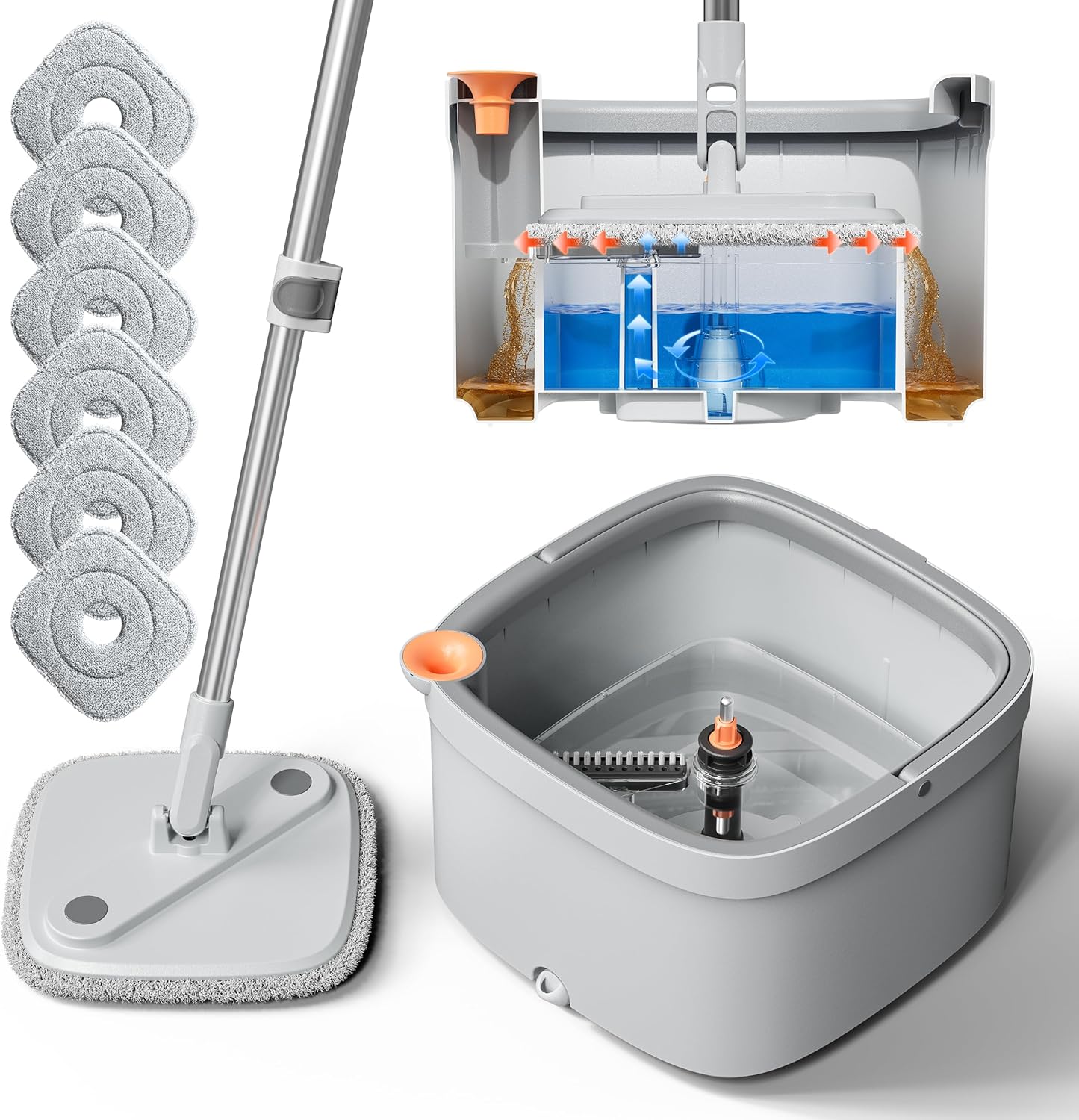 KZKR Spin Mop and Bucket Set with Self Separation Dirty and Clean Water System, Self Wringing 360° Rotating Square Mop Head for Home Floors Cleaning (1.0 Mop and Bucket Set (6 Pads))