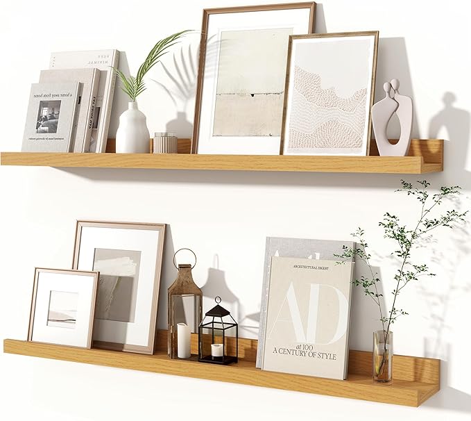 Fun Memories Picture Ledge Shelves Set of 2, 32 Inch Rustic Wall Mounted Floating Shelves with Lip for Home Storage and Décor in Bathroom, Kitchen, Nursery, Bedroom, Living Room, Oak