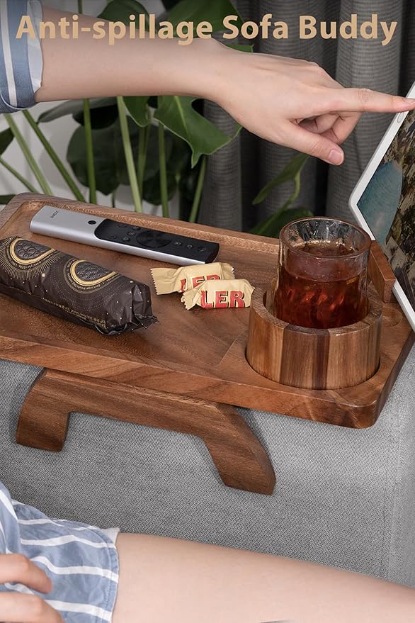 Sofa Arm Tray, Acacia Wood Couch Cup Holder, Portable Large Sofa Armrest Tray Anti-Spill Beverage Snack Remote Holder