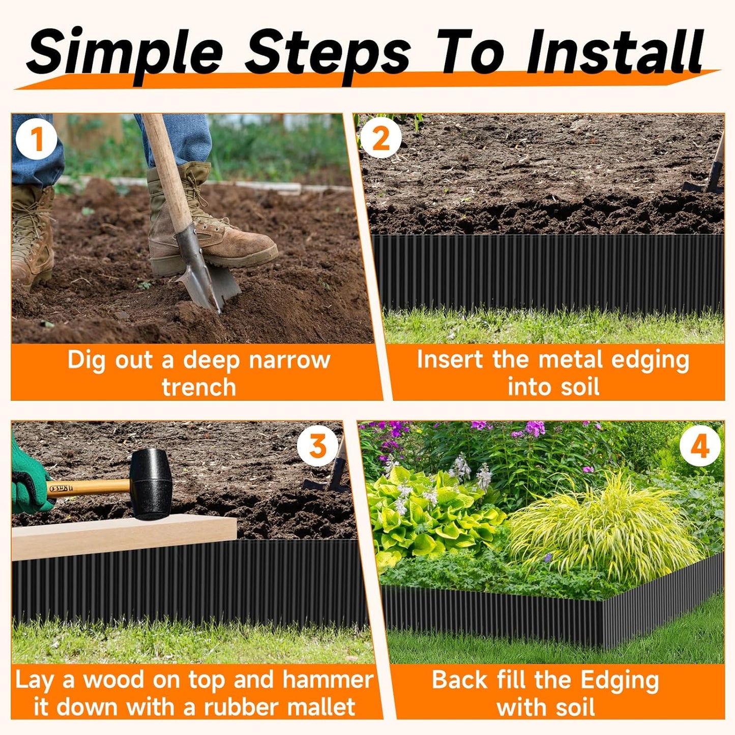 Corrugated Garden Edging,8"×20Ft Galvanized Steel Landscape Edging & Lawn Edging Border,Metal Garden Border for Flower Beds,Garden,Lawn,Raised Beds & Tree Surrounds(Black)