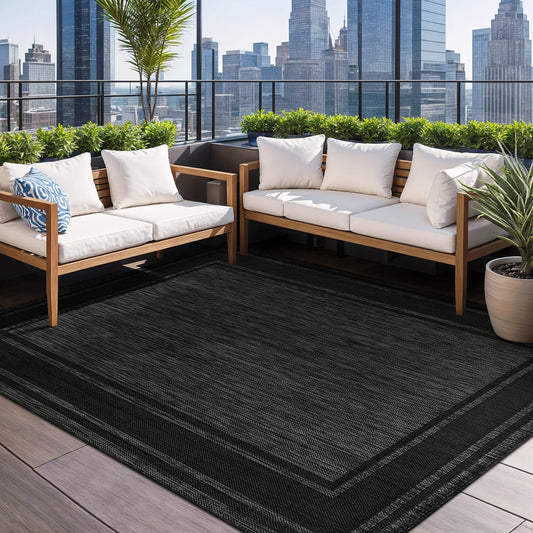 Beverly Rug Large Outdoor Rug 9x12 Modern Bordered Area Rugs for Indoor and Outdoor Patio Deck Porch Garden Waterproof Weather Sun Resistant Washable Outside Carpet (9 x 12 Black)