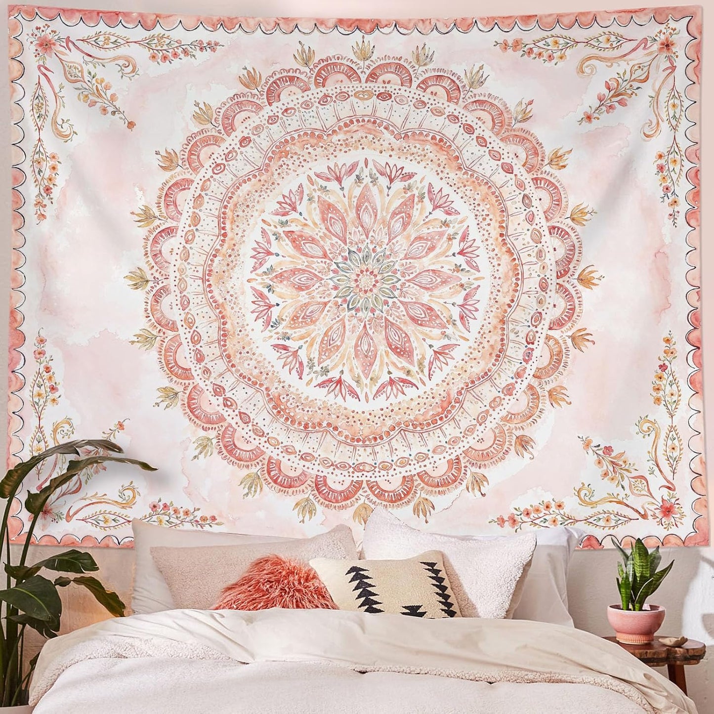 Fowocu Boho Floral Mandala Tapestry Wall Hanging Pink Bohemian Flower Medallion Tapestry Aesthetic Watercolor Hippie Indian Extra Large Tapestries for Bedroom Living Room Dorm Decor 90 x 68 Inch