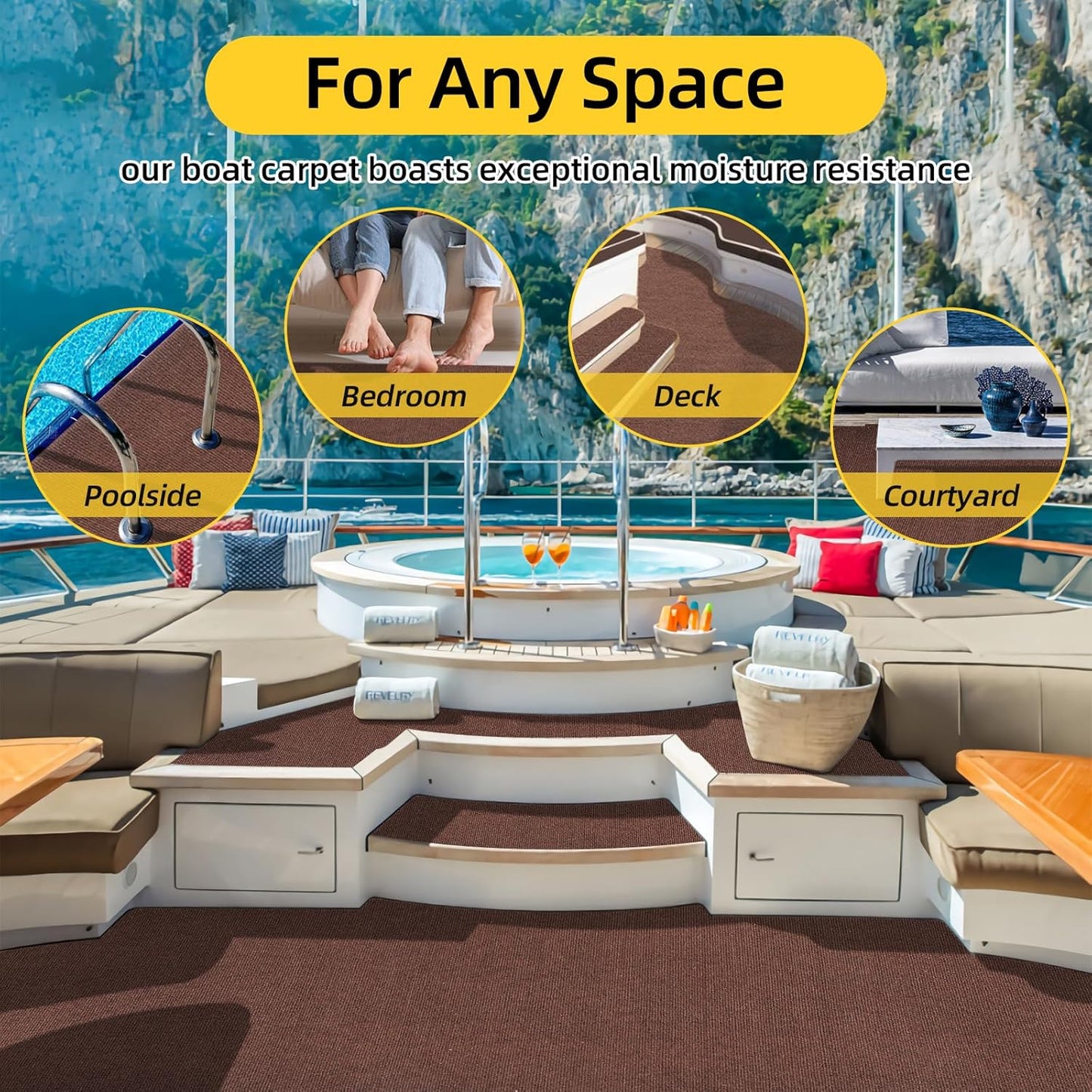 Marine Carpet,5 FT x 15 FT Brown Indoor Outdoor Carpet 0.2" Thick Boat Carpet with Water-Proof TPE Backing, Non-Slide Outdoor Marine Carpet Roll for Home, Patio, Porch, Deck