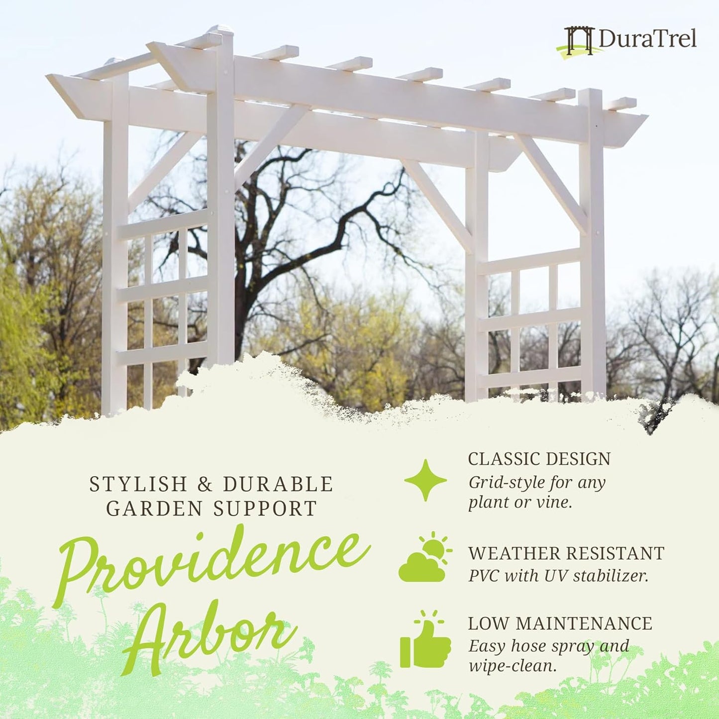 Dura-Trel Providence Arbor, Vinyl Garden Archway for Outdoors, 64" x 85", White - Backyard Decorative Arch for Pathways and Entrances with Trellis Sides for Climbing Plants, Vines & Flowers