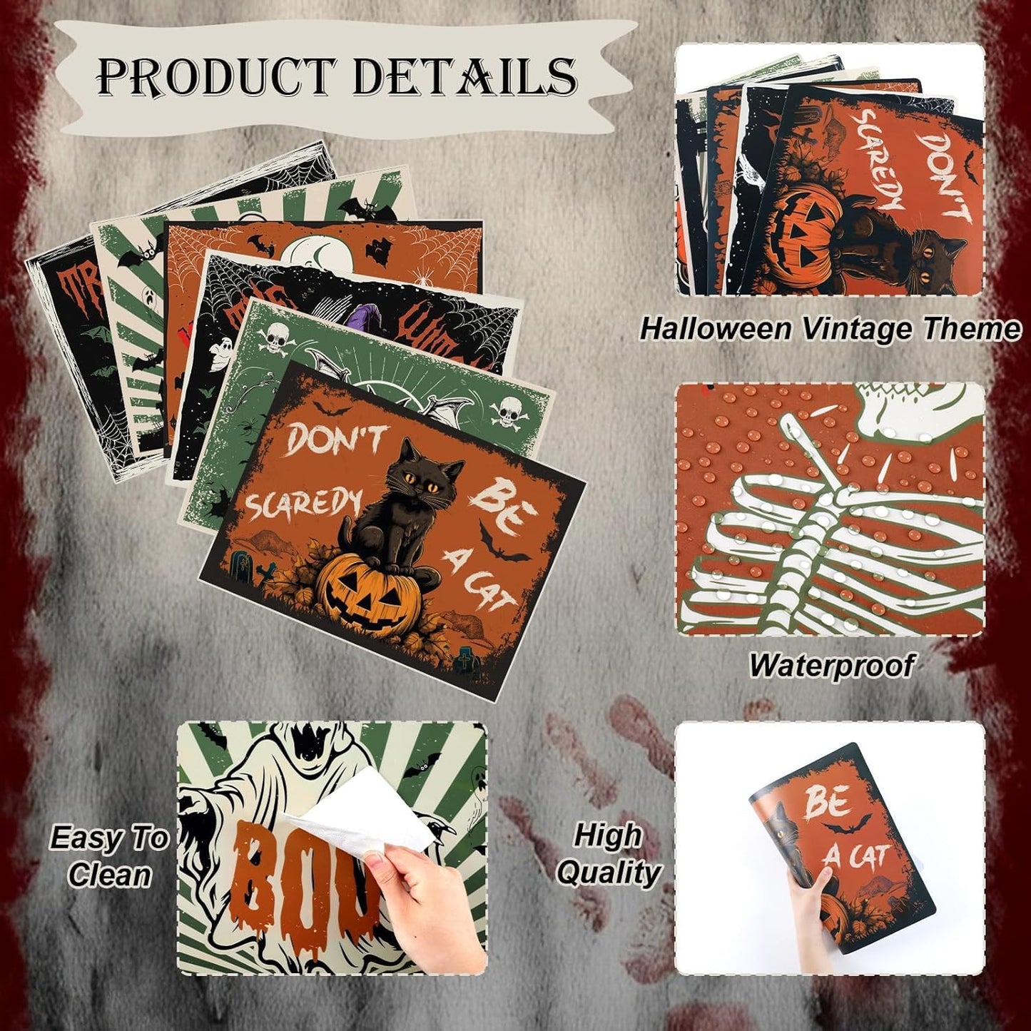 Halloween Placemats Set of 6 Vintage Plastic Table Mats Black Cat Place Mats Washable Ghost Witch Bat Rectangle Skull Table Decoration for Indoor Outdoor Party Kitchen Dining