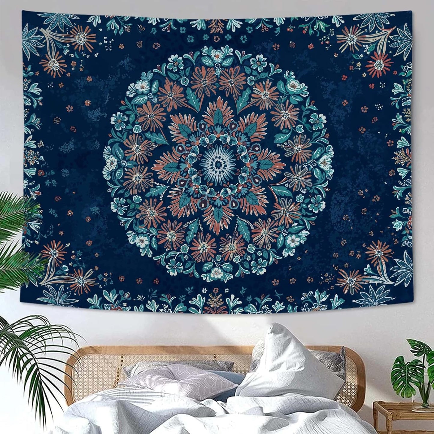 Fowocu Boho Floral Mandala Tapestry Wall Hanging Blue Bohemian Flower Medallion Tapestry Aesthetic Vintage Navy Hippie Indian Small Tapestries for Bedroom Living Room Dorm Decor 60 x 44 Inch