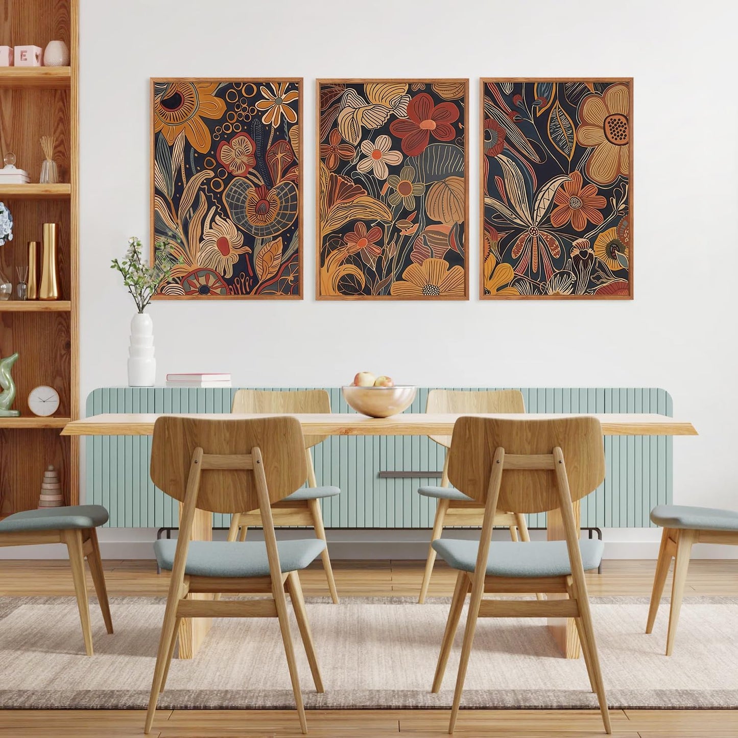 Aurlan Burnt Orange Wildflowers Botanical Wall Art Set(16"x24"), 3 Pieces Abstract Floral Blossom Framed Canvas Artwork, Large Mid Century Modern Boho Nature Wall Decor for Office Bedroom Living Room