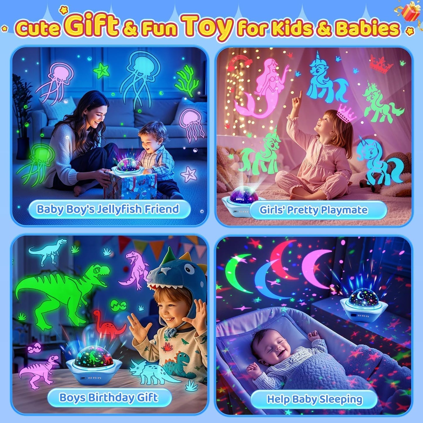One Fire Night Light for Kids Gifts, 6 Films+78 Lighting Modes Ceiling Star Projector, Rechargeable Night Light Projector, 360°Rotating Star Lights for Bedroom Decor, Sensory Toys for Baby Boy Gifts