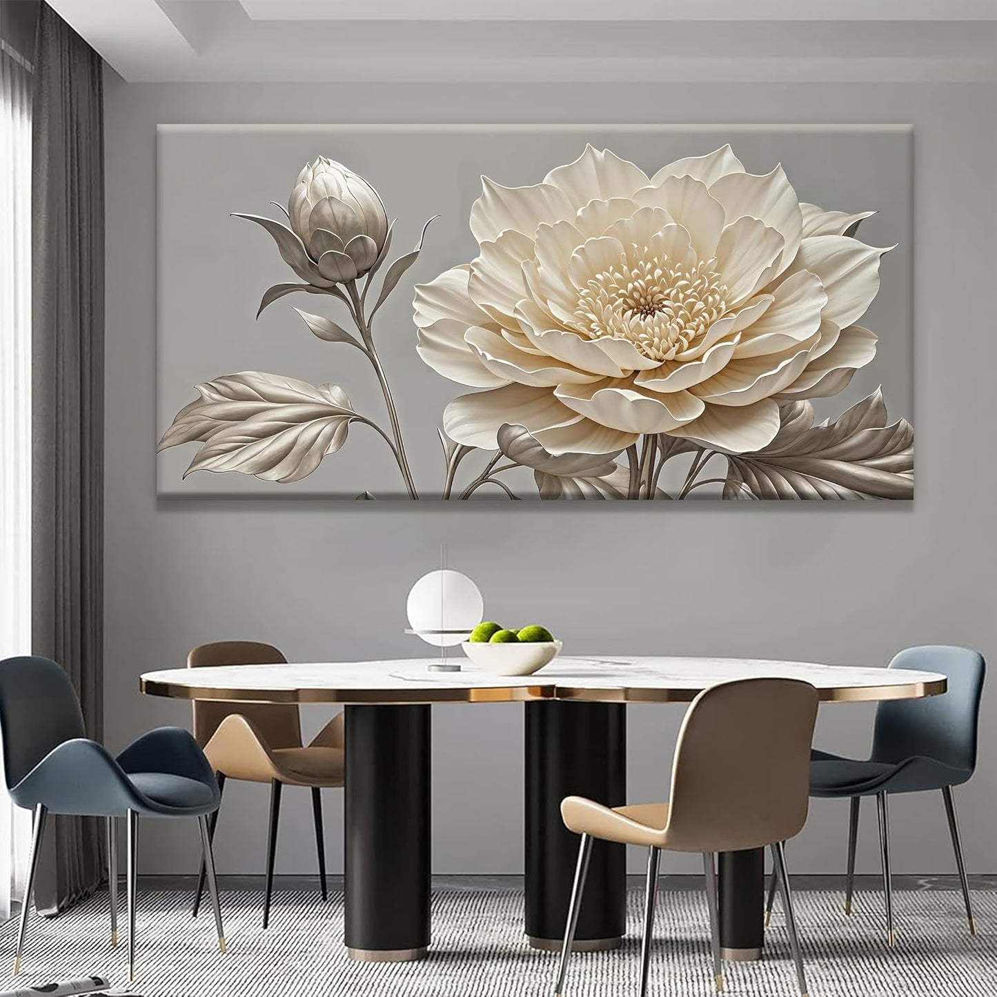 QSQ Large Wall Art Living Room Home Wall Decor Modern Canvas Art Wall Decor 29 X 58 Inches White Flower Wall Art Painting Print Elegant Silver White Flower Picture For Bedroom Office Artwork