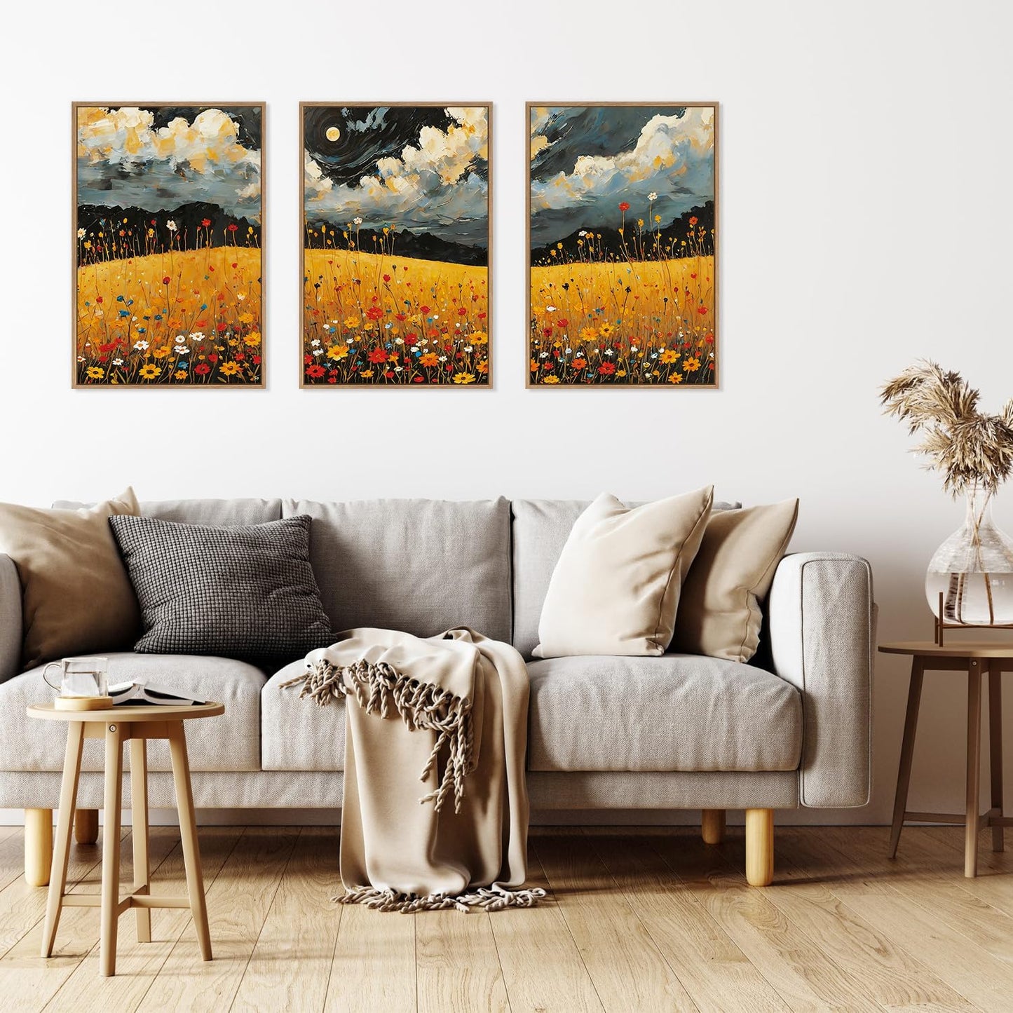 HLNIUC Mystical Moonlight Framed Wall Art Set,Night Moon Wildflower Canvas Wall Decor,Full Moon Mountain Flower Art Print,Large Golden Floral Landscape Wall Painting for Living Room,Office - 16”x24”x3