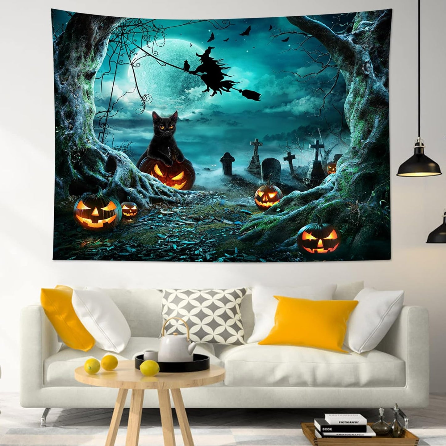 LB Halloween Tapestry Pumpkins Black Cat Dead Tree in Spooky Graveyard Full Moon Night with Witch Halloween Wall Hanging for Bedroom Living Room Dorm Decor 80x60 Inch