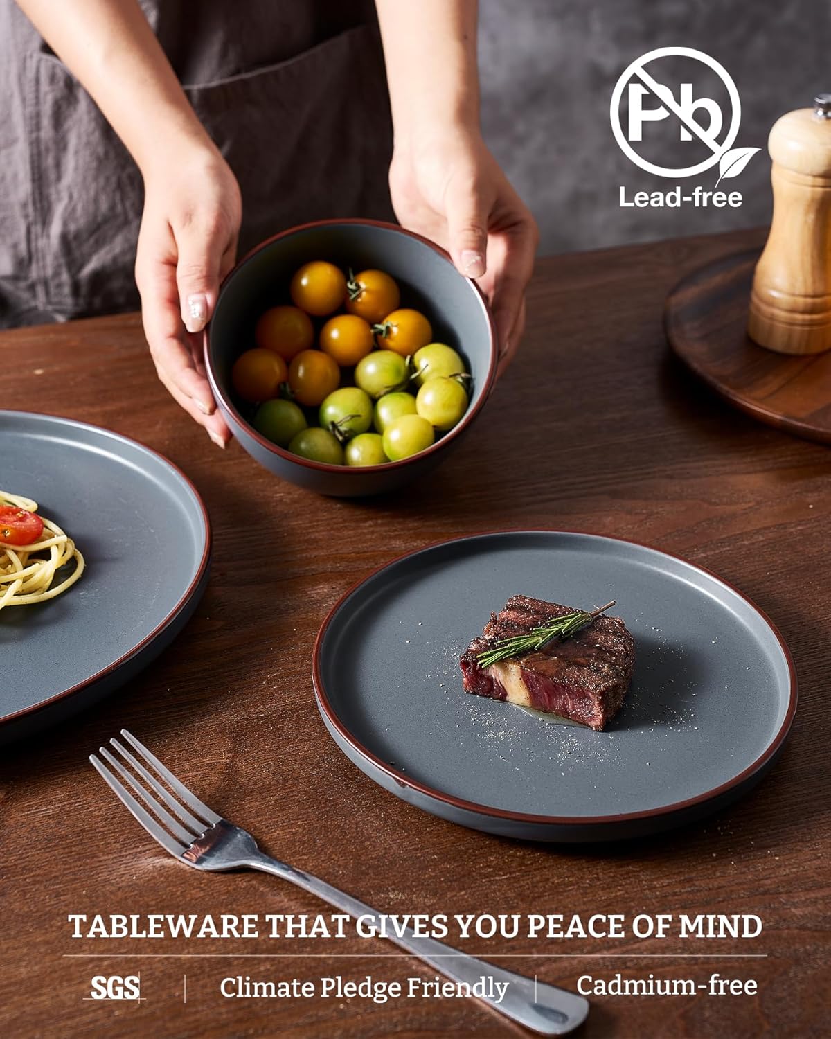 Famiware Mercury 24 Pieces Dinnerware Sets, Plates and Bowls Sets for 8, Microwave and Dishwasher Safe Dish Set, Charcoal