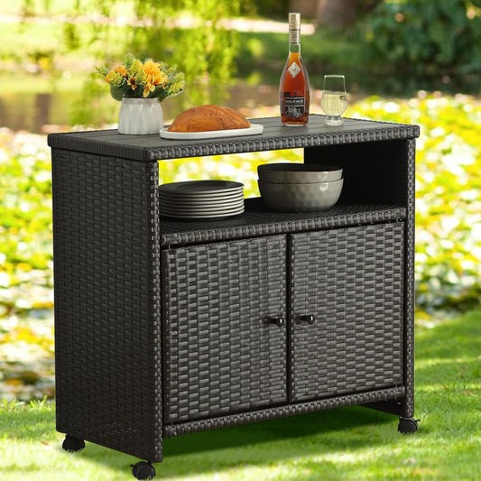 Outdoor Wicker Storage Cabinet - Patio Bar Table with Wheel,Outdoor Buffet Cabinet Movable,Garden Weather-Proof Bar Table/Cart for Indoor&Outdoor (Dark Brown)