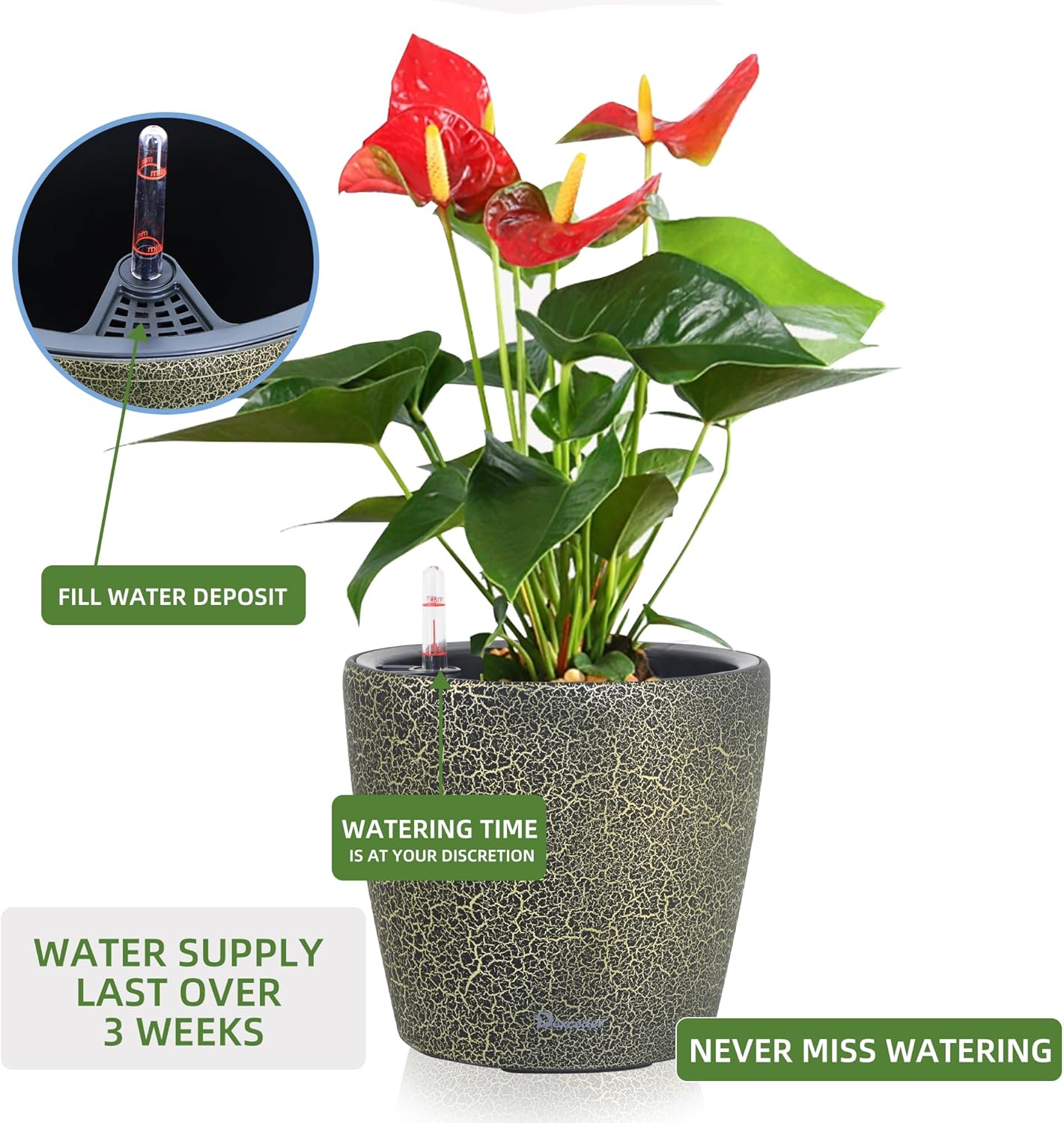 Dexceder 9x8 Inches Self Watering Planter Indoor Outdoor, Inner Pot Design, Thickened Table Flower Plant Pot with Water Level Indicator (Black Gold Crackle)