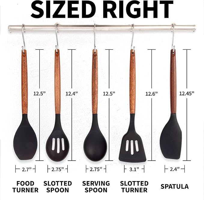 Zulay Kitchen Non-Stick Cooking Utensils Set with Authentic Acacia Wood Handles – 5-Piece Durable & Stylish Silicone Kitchen Utensils Set – Heat Resistant to 464°F – Black