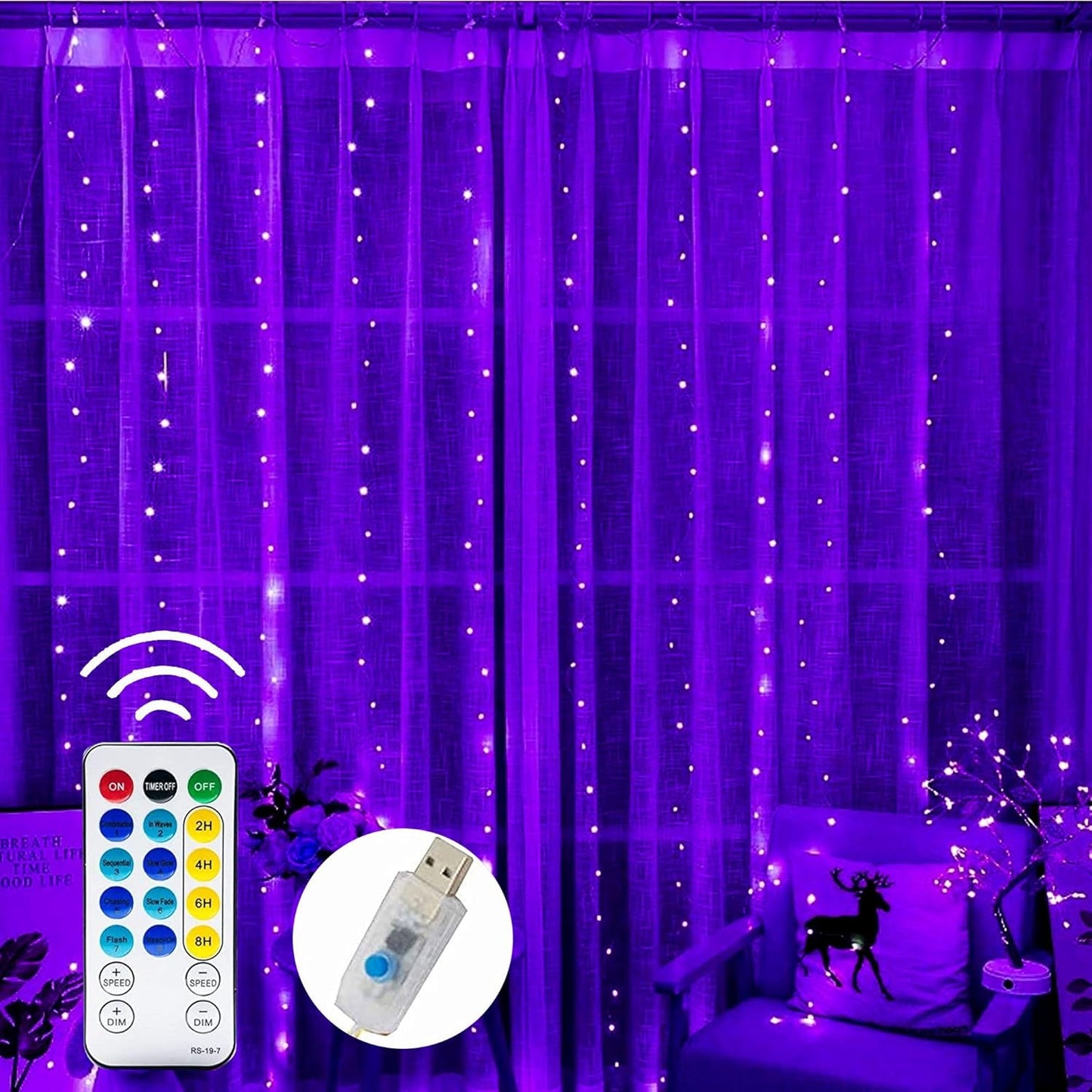 Dazzle Bright Curtain String Lights, 300 LED 9.8ft x 9.8ft 8 Lighting Modes Fairy Lights USB Powered, Waterproof Lights for Halloween Christmas Party Wedding Outdoor Indoor Wall Decorations (Purple)