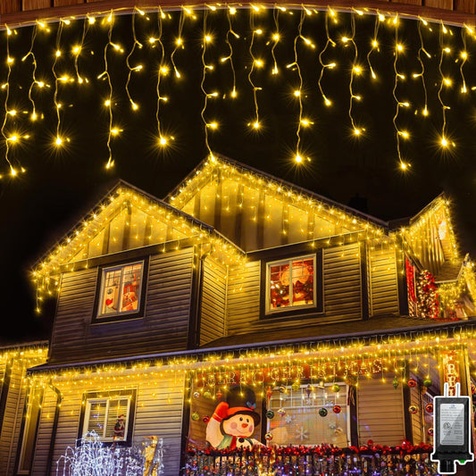 1296LED Christmas Lights with 288 Drops, 131ft 8 Modes Christmas String Lights Outdoor, Waterproof Christmas Decorations Fairy Lights with Timer Memory for Xmas Party Patio Window Fence Warm White