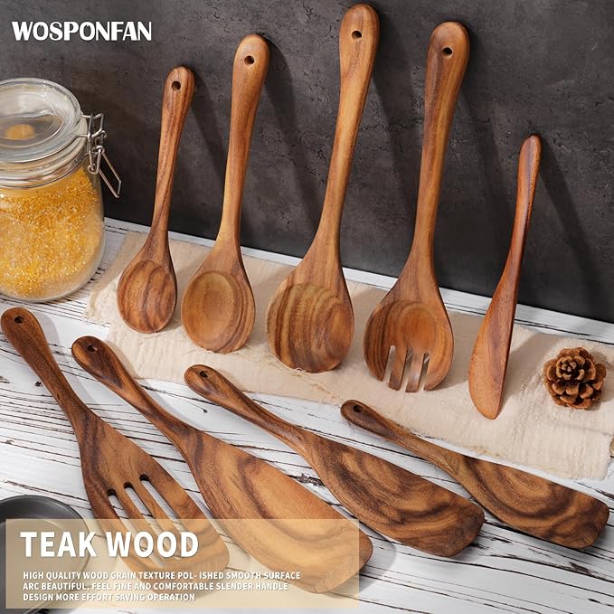Wooden Cooking Utensils Set, 9 PCS Teak Wood Spoons, Spatula, Slotted Spoon, Handmade Modern Kitchen Utensils
