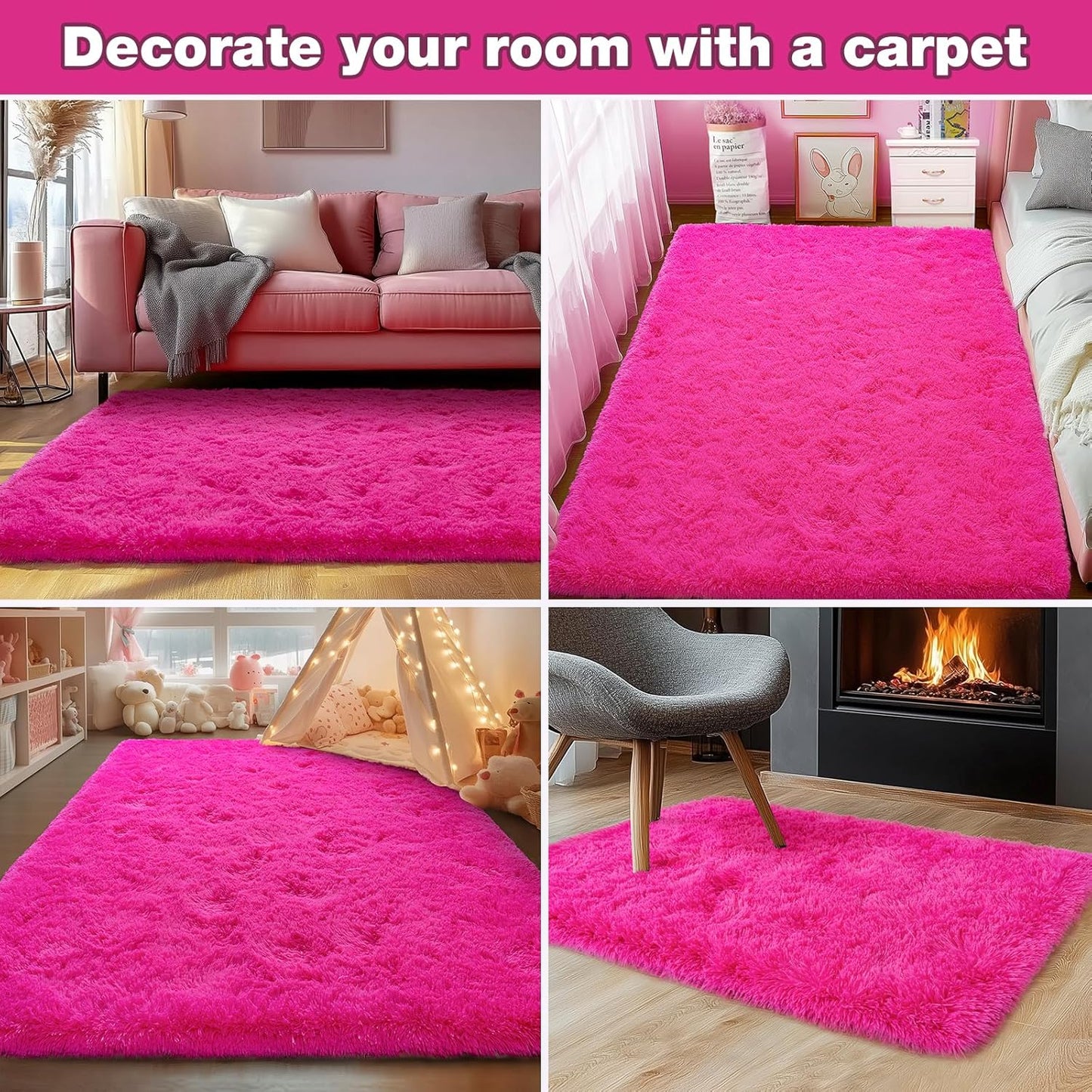Rezutan Soft Fluffy Rug for Girls Bedroom 2x3 Feet Hot Pink, Fluffy Shag Area Rugs for Living Room Nursery, Fuzzy Cute Bedside Rug for Kids Room Baby Princess Room, Modern Indoor Comfy Plush Carpet