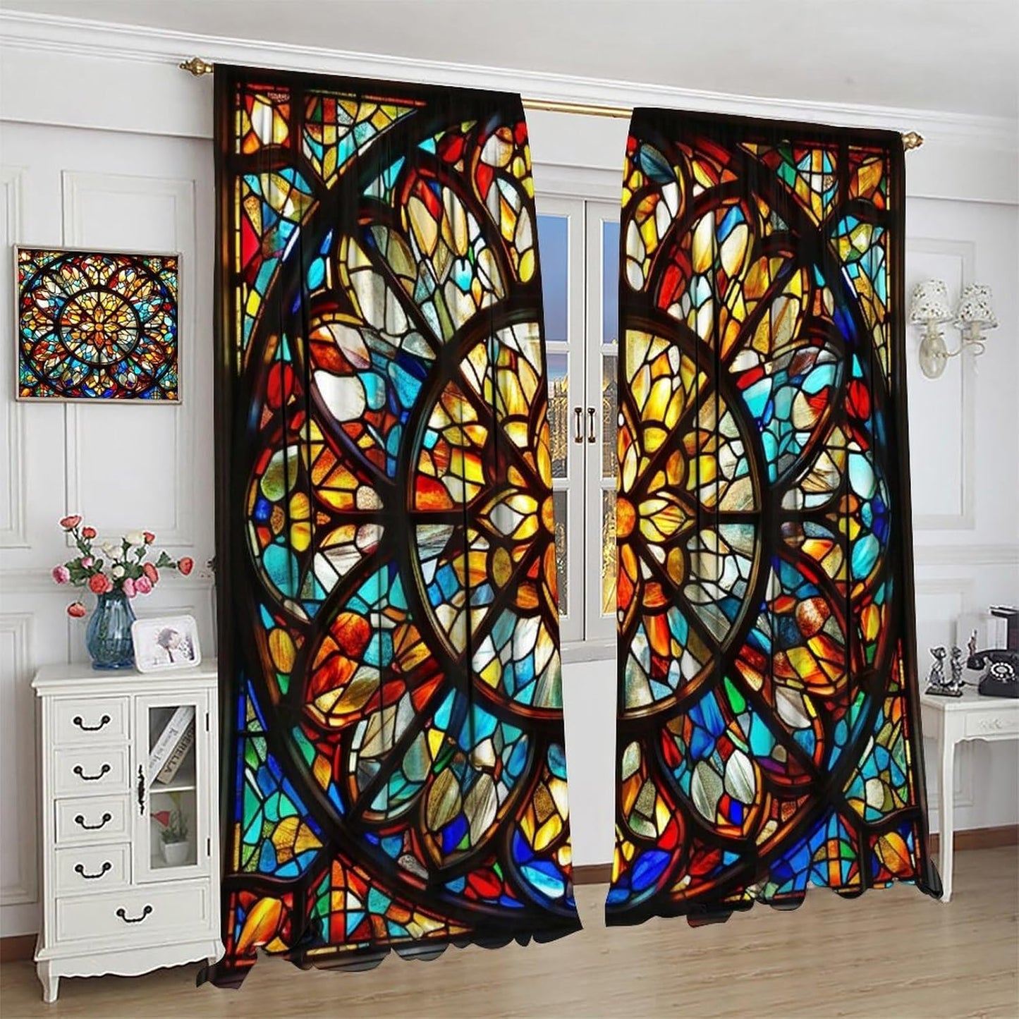 Stained Glass Curtains,Retro Mid Century Abstract Colorful Geometric Prints Home Decor Drapes for Bedroom Living Room Kitchen Window Treatment 2 Panels Set Total Size 55" W X 63" L Inch