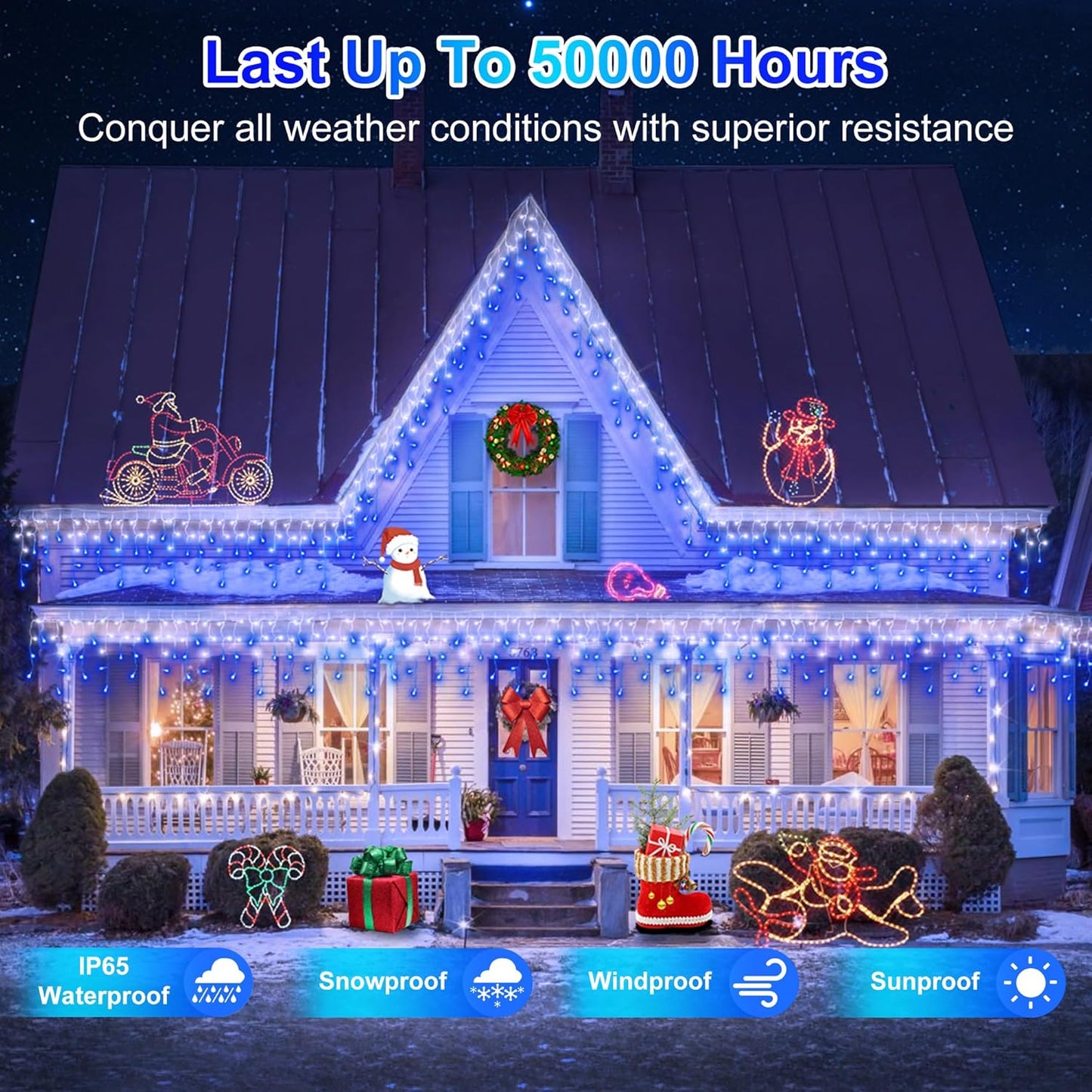 1296LED Christmas Lights with 288 Drops, 131ft 8 Modes Christmas String Lights Outdoor, Waterproof Christmas Decorations Fairy Lights with Timer Memory for Party Patio Window Fence Blue & CoolWhite