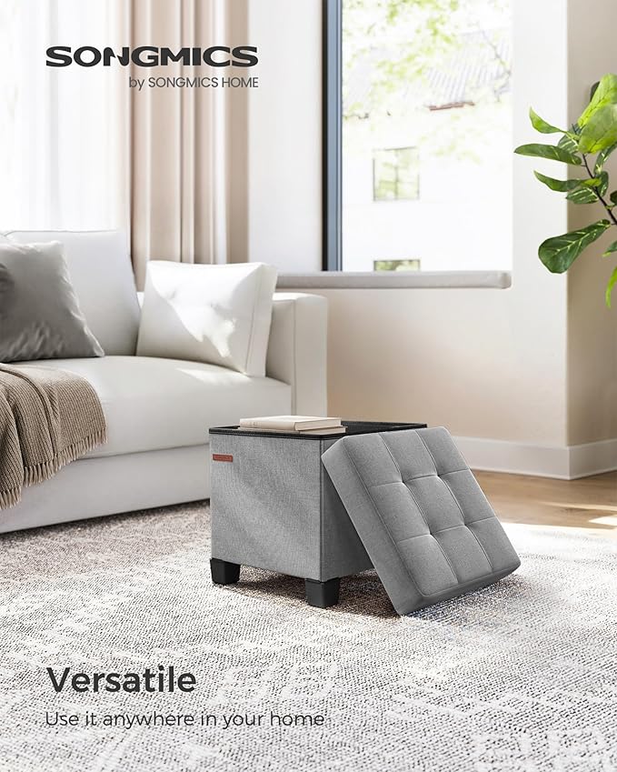 SONGMICS Storage Ottoman, Small Ottoman Foot Rest with Legs, 15 x 15 x 15.7 Inches Foot Stool, Load up to 660 lb, for Living Room, Bedroom, Dorm, Dove Gray ULSF014G02