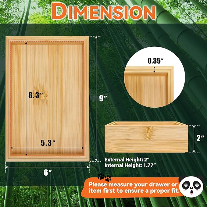 Bamboo Drawer Organizer, Cutlery Silverware Organizer for Kitchen Drawer, Stackable Utensil Organizer, 2 Pcs Flatware Organizer for Drawer, Wooden Storage Box Tray (Bamboo, 9 X 6 X 2 Inch)