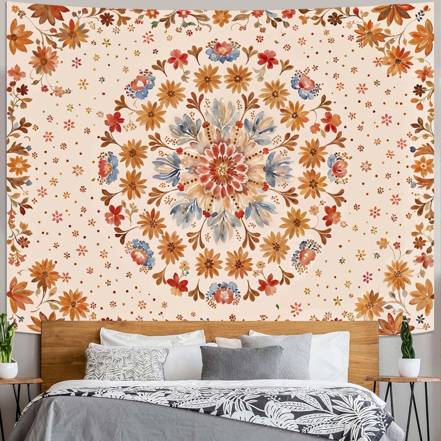 Fowocu Boho Floral Mandala Tapestry Wall Hanging Watercolor Bohemian Flower Medallion Tapestry Aesthetic Beige Orange Hippie Indian Small Tapestries for Bedroom Living Room Dorm Decor 40 x 30 Inch
