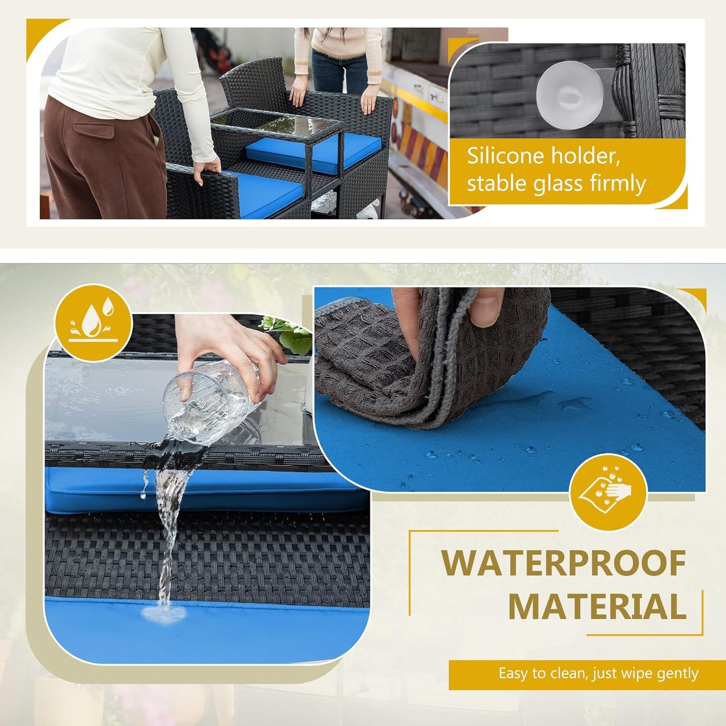 Flamaker Outdoor Furniture Patio Loveseat Wicker 2-Seat with Built-in Table and Cushions Rattan Porch Chairs Bench for Balcony, Lawn, Backyard (Blue)