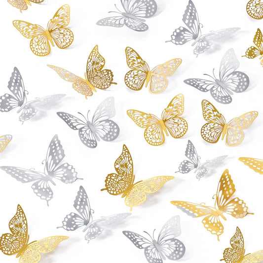 SAOROPEB 3D Butterfly Wall Decor 48 Pcs 4 Styles 3 Sizes, Butterfly Birthday Decorations Party Decorations Cake Decorations Wedding Decor, Removable Stickers (Gold, Silver)