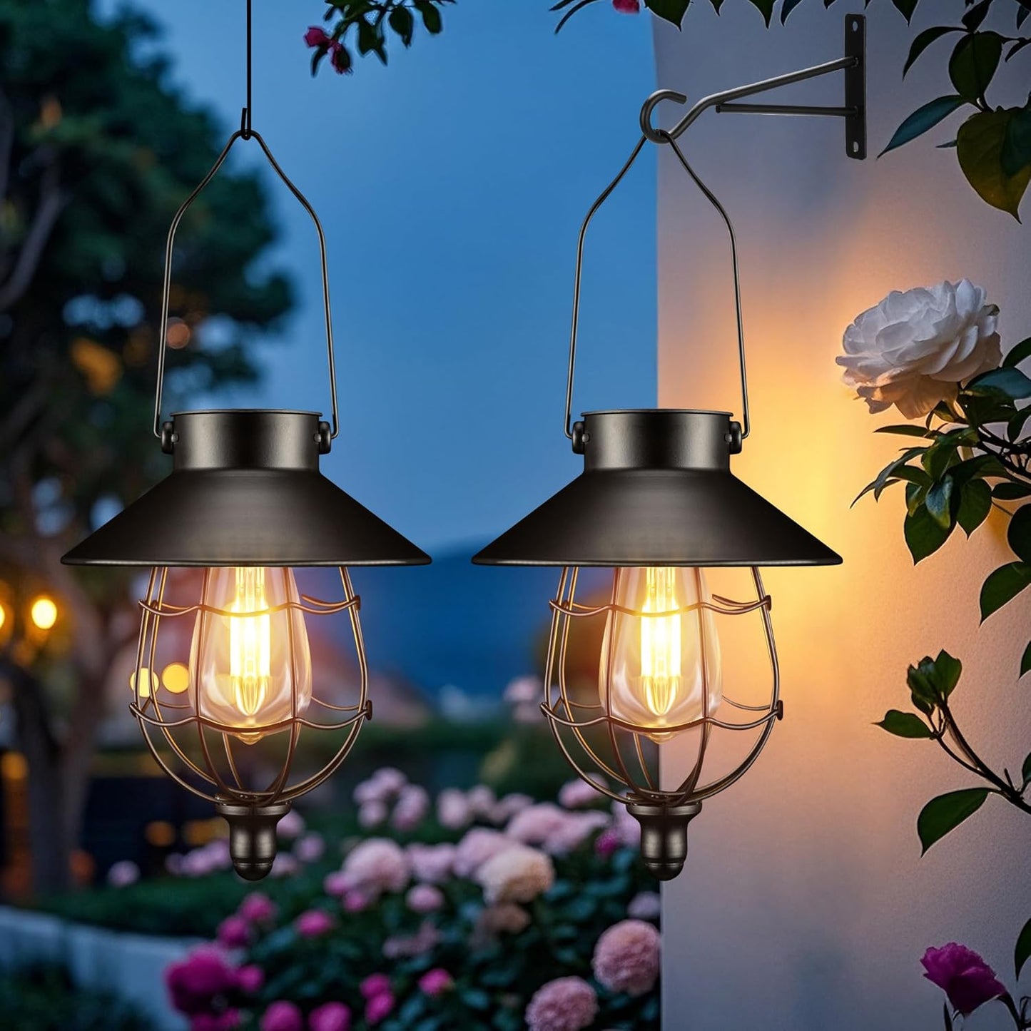 pearlstar 2 Pack Solar Lantern Outdoor Hanging Light Waterproof Metal Solar Lamp for Yard Garden Pathway Patio Porch Decor(Black)