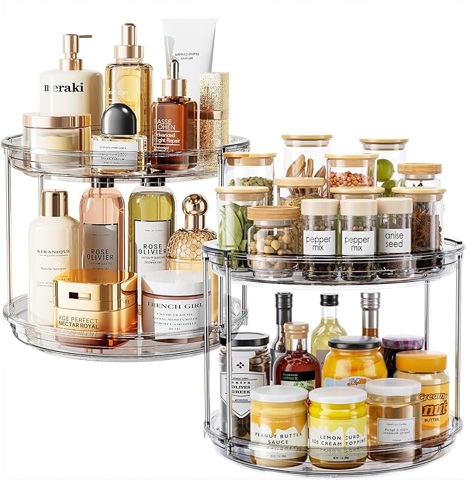 LAMU 2 Pack 2 Tier Lazy Susan Turntable Organizer 10.6'' Rotating Spice Rack Organization for Cabinet, Kitchen, Pantry, Countertop, Bathroom, Vanity, Medicine Cabinet Organizer, Grey