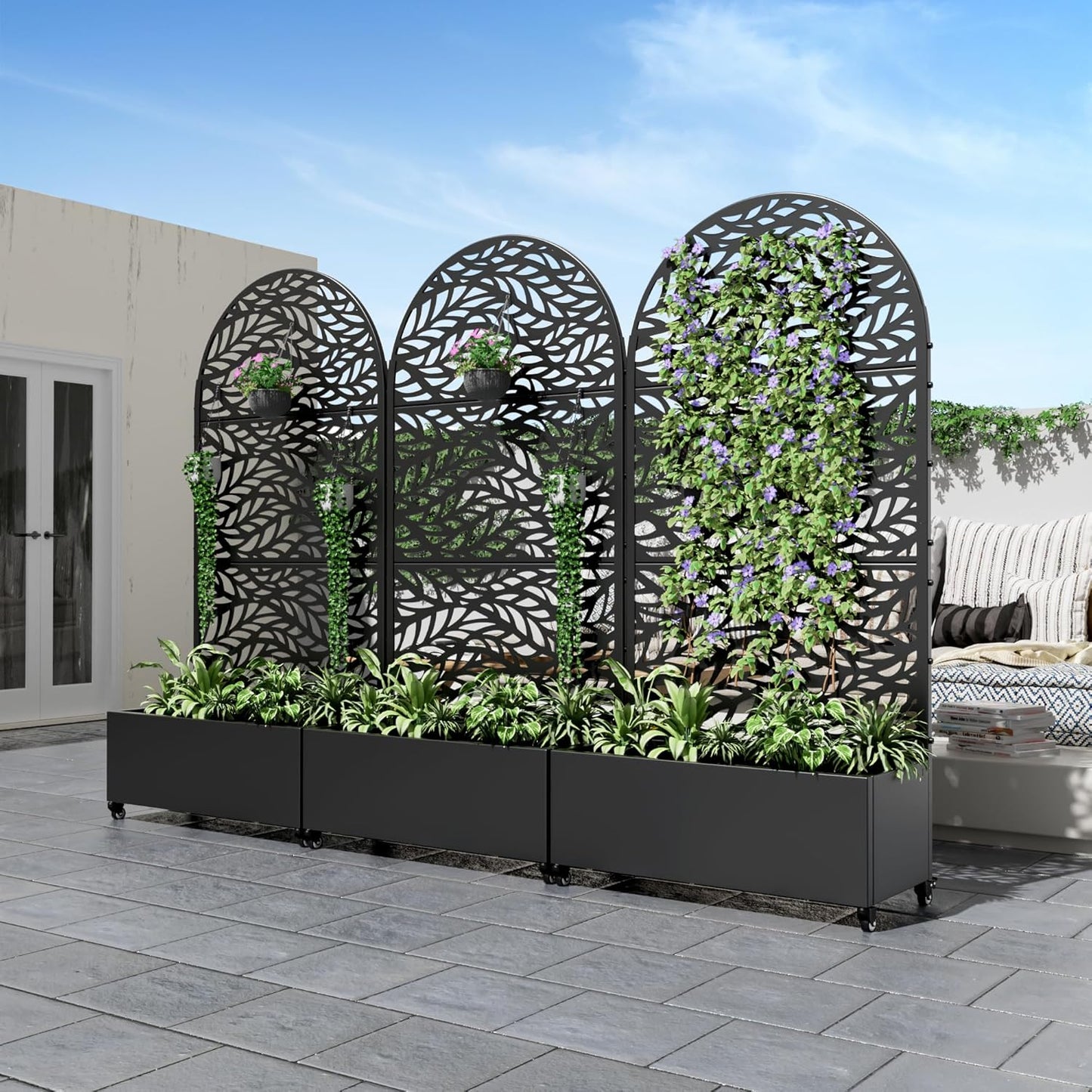 Casaphoria Metal Raised Garden Bed with Trellis and Wheels, 72"x35"x16" Planter Box for Climbing Plants, Vegetables & Vines, Features Drainage Holes and Privacy Screen (Black-Spring)