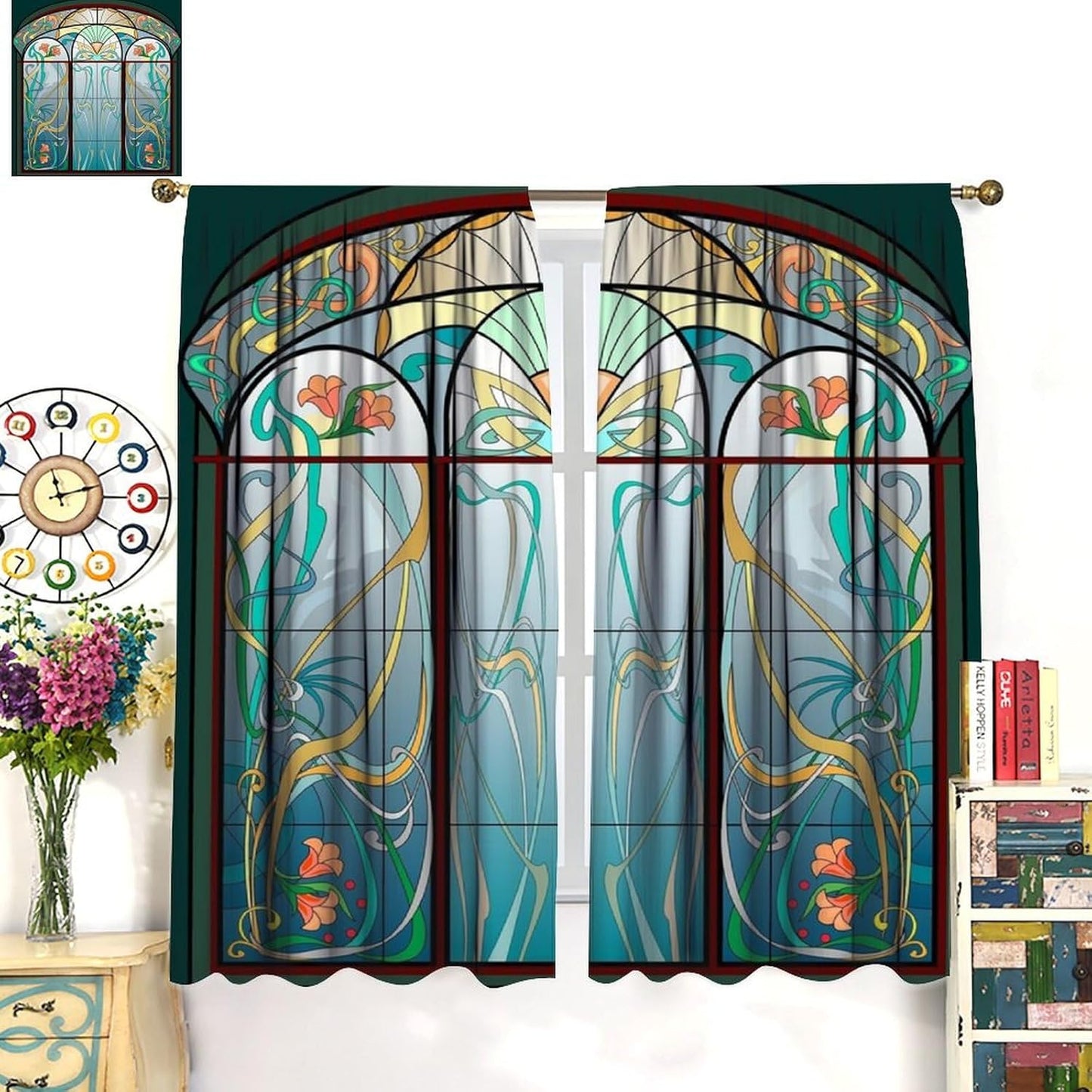 Stained Glass Curtains, Retro Mid Century Boho Abstract Art Home Decor Drapes for Bedroom Living Room Kitchen Window Treatment 2 Panels Set Total Size 52" W X 84" L Inch