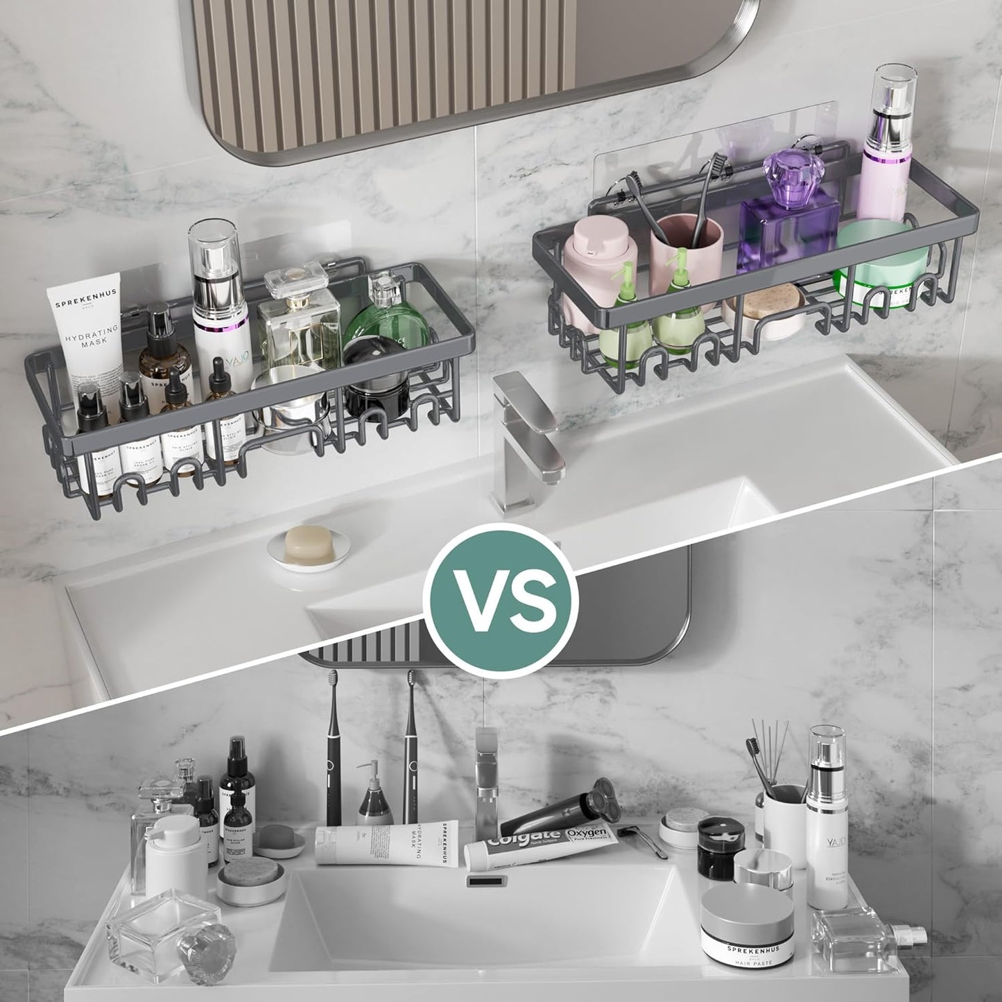 Veken Rustproof & Waterproof Shower Caddy 6-Pack, No Drilling Adhesive Shelves Rack with Soap Holder, Large Capacity Bathroom Organizers and Storage, Wall-Mounted Kitchen & Home Decor, Dark Grey